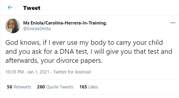 I'll divorce my husband if he asks for DNA test after giving birth - Nigerian lady says