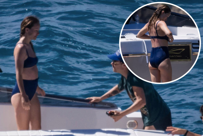 Olivia Wilde sported a high waisted bikini with pocket details while on a yacht with Harry Styles.